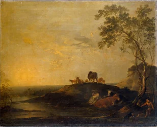 Landschaft mit Vieh Kühe auf einem Hügel an einem Bach